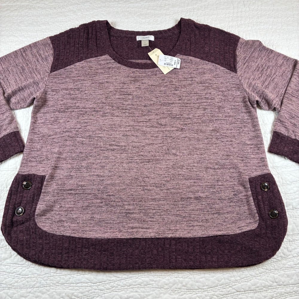 NWT CJ Banks Pullover Top Womens 2X Purple Colorblock Button Detail Knit Sweater